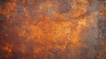 Detailed closeup displaying an aged, heavily rusted metal surface with striking orange and brown hues creating a textured, weathered appearance. photo