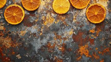 Slices of dried citrus fruit artfully arranged on a rustic surface. A contrast of texture and color creates visual interest. photo