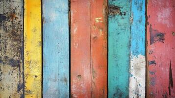 Colorful wooden planks create a vibrant backdrop with a mix of textures and hues, adding character and depth to the rustic surface. photo