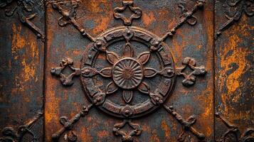 Intricate floral patterns cast in rust-colored metal create texture and depth, enhancing a design that blends antiquity with modern artistry. photo