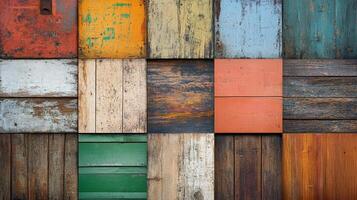 A colorful patchwork of wooden planks shows texture and aging. Various colors and patterns combine to form a unique, rustic wall covering. photo