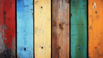A vibrant collection of painted wood panels, each with its own unique color, texture, and rustic charm, creating a visually appealing design. photo