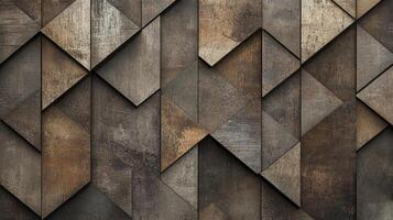 Textured geometric wall with 3D design of weathered wood triangles creating a rustic and dimensional background, pattern, or surface. photo