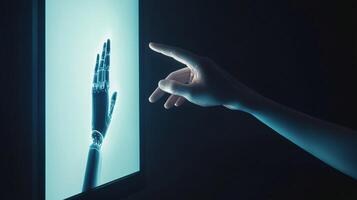 Human hand touching a screen displaying a robotic hand, symbolizing connection, technology, artificial intelligence, and the future. photo