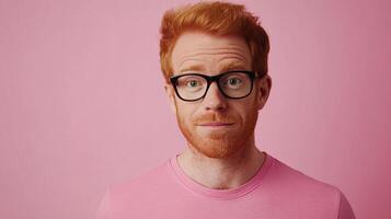 Red-haired man with glasses, looking at the viewer against a pink background, conveying a friendly and engaging expression. photo