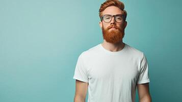 Portrait of a red-haired man with a beard wearing glasses against a blue background. Confident and stylish. Space for text. photo