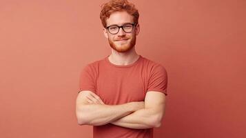 Confident red-haired man with glasses, arms crossed, smiling against a solid backdrop exudes approachable professionalism and poise. photo