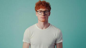 Portrait of a red-haired man with glasses, wearing a white t-shirt against a teal background, creating a vibrant and clean visual. photo