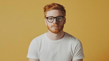 Ginger-haired man wearing glasses and a plain white t-shirt standing in front of a neutral background with a thoughtful expression. photo