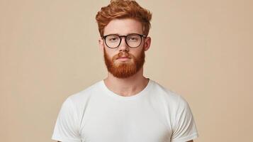 Red-haired man with round glasses looking directly at the viewer, set against a neutral backdrop. Portrait emphasizes facial features. photo