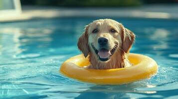 Golden retriever enjoying a refreshing swim in a pool with a cheerful expression. The dog floats comfortably in a yellow inflatable ring. photo