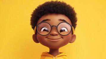 Joyful Animated Boy with Glasses on Yellow. A delightful character with curly hair, freckles, and a warm smile in a cheerful setting. photo