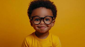 A charming young child smiles brightly, donning glasses, radiating intelligence against a solid amber backdrop. The child has an afro hairstyle. photo