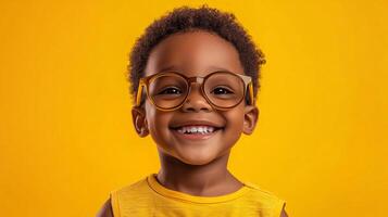 Cheerful young boy with a bright smile and glasses stands against a vibrant yellow background, radiating youthful energy and positivity. photo