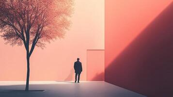 Solitary figure walking in a minimalist space. The background features an orange monochromatic backdrop with a tree. photo