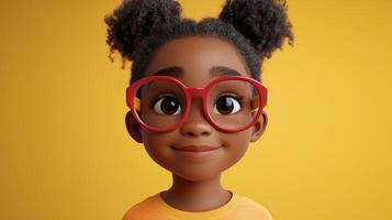 Cartoon style portrait of a smiling, brown-skinned girl with a round-framed glasses against a bright yellow background. photo