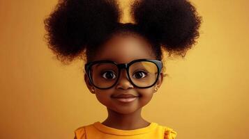 A young girl with glasses and afro puffs smiling warmly at the camera in front of a plain background, radiating innocence and charm. photo