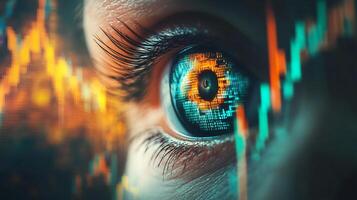 Eye reflecting stock market data, portraying the intense focus on financial trends and investment analysis. Intricate patterns and data streams. photo