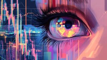 Abstract digital eye, futuristic gaze, financial data stream. Artificial intelligence observing trends, insight into information age. photo