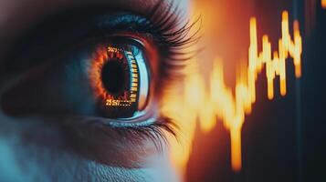 A close-up of an eye reflecting financial market data, suggesting a focus on investments and economic forecasting. Visually striking. photo