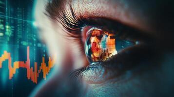 Eye reflecting financial market data, symbolizing vision and insight in finance, showcasing technology and information analysis. photo