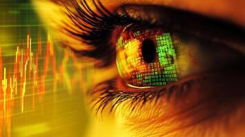 A close-up image of an eye with financial data and stock market graphs reflected, symbolizing investment or stock trading insights. photo