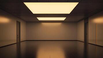 Empty room with artificial lighting reflecting off the dark floor tiles, with closed doors on either side of the walls. photo