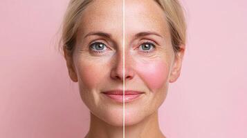 Woman's face split showing different makeup looks highlighting skin comparison, before and after transformation on pink background. photo