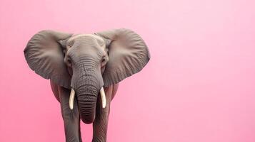 A majestic elephant stands against a vibrant pink backdrop, creating a striking contrast that highlights its gentle nature and powerful presence. photo