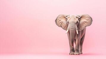 Frontal view of an elephant with large ears and tusks, standing against a solid pink background. photo