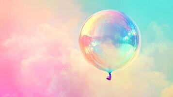 A vibrant balloon floats gently in the dreamy sky, colors reflecting in a playful dance, inspiring wonder and imagination with its flight photo
