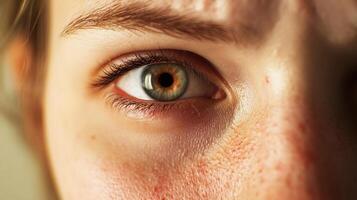 A close up shot of a person's eye with long eyelashes, clear green and brown iris, and visible pores on the surrounding skin. photo