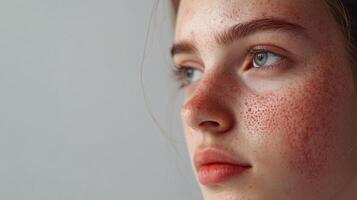 Close-up portrait of a fair-skinned woman with freckles and gentle, thoughtful blue eyes, set against a soft, neutral background. photo