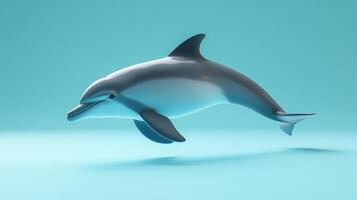 A sleek dolphin gracefully swims through a serene blue expanse. It appears to float in a calm and peaceful simulated environment. photo