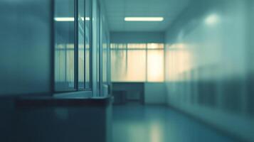 Empty hallway with glass panels and distant windows, bathed in a soft, calming light. An aura of serenity and solitude pervades the space. photo