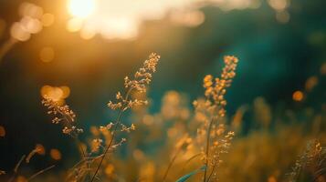 Golden hour illuminates delicate grasses in a field, bokeh lights adding a magical touch to this serene, nature-filled scenic view. photo