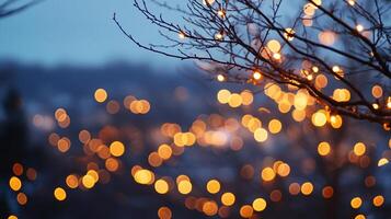 Twinkling lights create a magical ambiance, casting a warm glow against the serene blue backdrop. The delicate tree branches add a touch of nature. photo