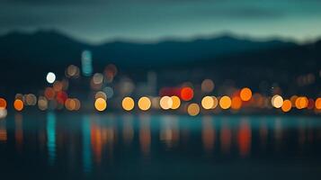 Abstract city lights blur against a dark mountain backdrop, reflected in the tranquil water, creating a serene yet vibrant atmosphere. photo