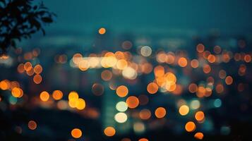 Blurred cityscape lights at night create a dreamy and abstract view, glowing against the dark sky, evokes urban serenity photo