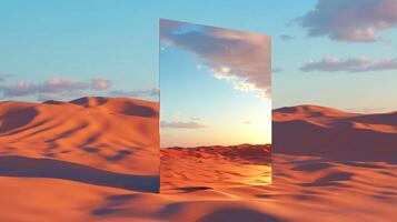 Desert mirage with a reflective monolith mirroring the sky and surrounding dunes, creating a surreal and artistic desert landscape. photo