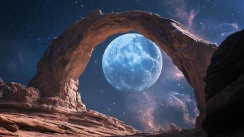 An alien celestial body appears in a break of a rock arch. The archway is formed by stone and is a portal to the galaxy. photo
