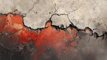 A distressed concrete surface reveals vibrant red and black paint beneath a cracked and worn gray layer of cement, detailed texture. photo