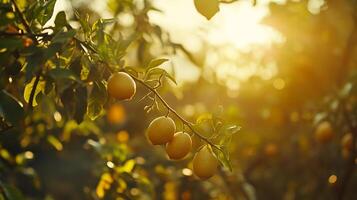 A close-up of a lemon tree with sun shining in the background and several lemons on the branch in a natural setting. photo