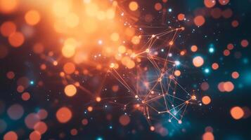 Abstract network connection with illuminated nodes. Digital data transmission and communication technology in dark blue and orange. photo