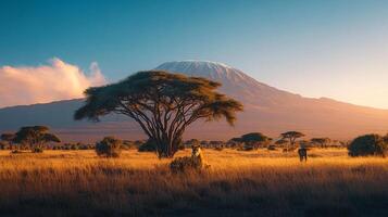 African savanna landscape with grassland, trees, and a snow-capped mountain in the background during golden hour. Wildlife present. photo