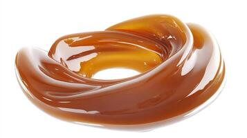 Abstract caramel swirl on a white background, featuring smooth, glossy texture and rich, warm tones in a visually captivating composition. photo
