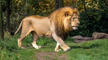 Majestic lion walks through a green meadow, with a backdrop of trees and foliage. The lion is walking, and his eyes are focused. photo