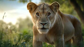 A majestic lioness gazes directly, amber eyes shining, standing in lush greenery under the soft, early morning sunlight. photo