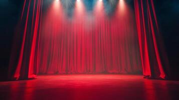 A vibrant red stage curtain illuminated by spotlights evokes anticipation and drama, creating a captivating theatrical atmosphere. photo