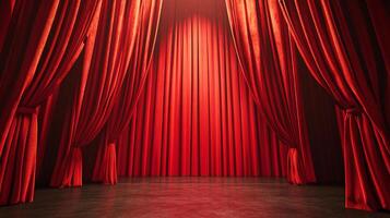Opulent red velvet curtains gracefully drape the stage, illuminated by a singular spotlight, evoking anticipation and theatrical drama. photo